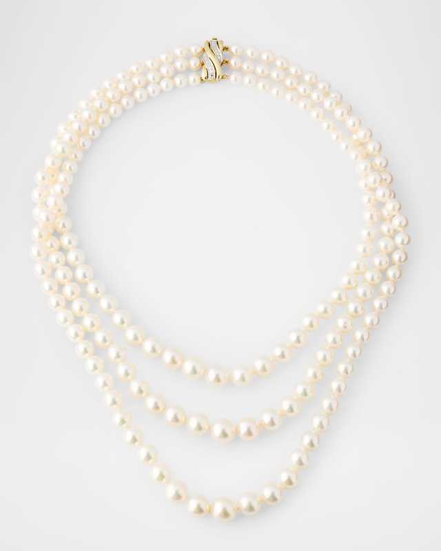 14K Yellow Gold 3-Row Graduated Akoya Pearl Necklace, 19.5"L